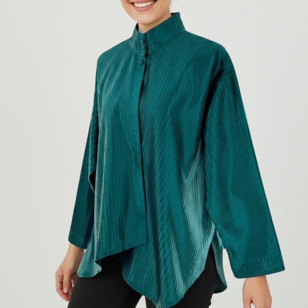 Marisa Baratelli Emerald Green Pleated Thai Silk Asymmetrical Tunic Top Size 12